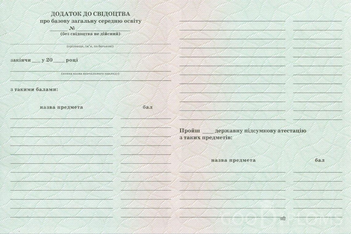 Украинский аттестат за 9 класс - Обратная сторона приложения- Луцк